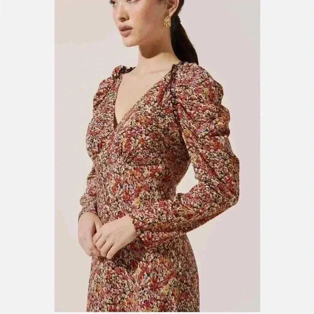 ASTR The Label Ruched Sleeve Floral Cottagecore Midi‎ Dress Small S Keyhole Back - Picture 2 of 12